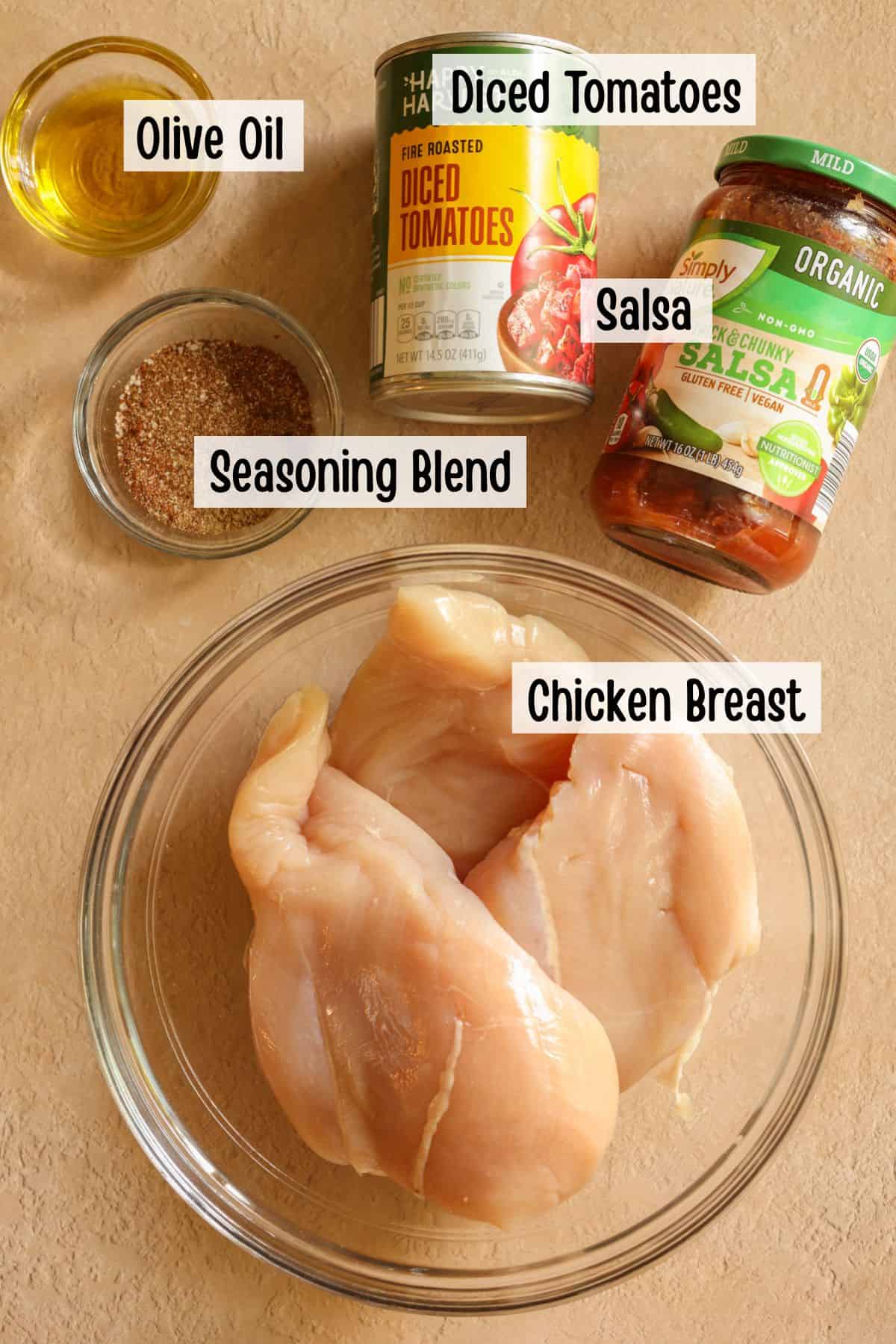 Ingredients needed to make shredded Mexican chicken in the slow cooker or Crock Pot.