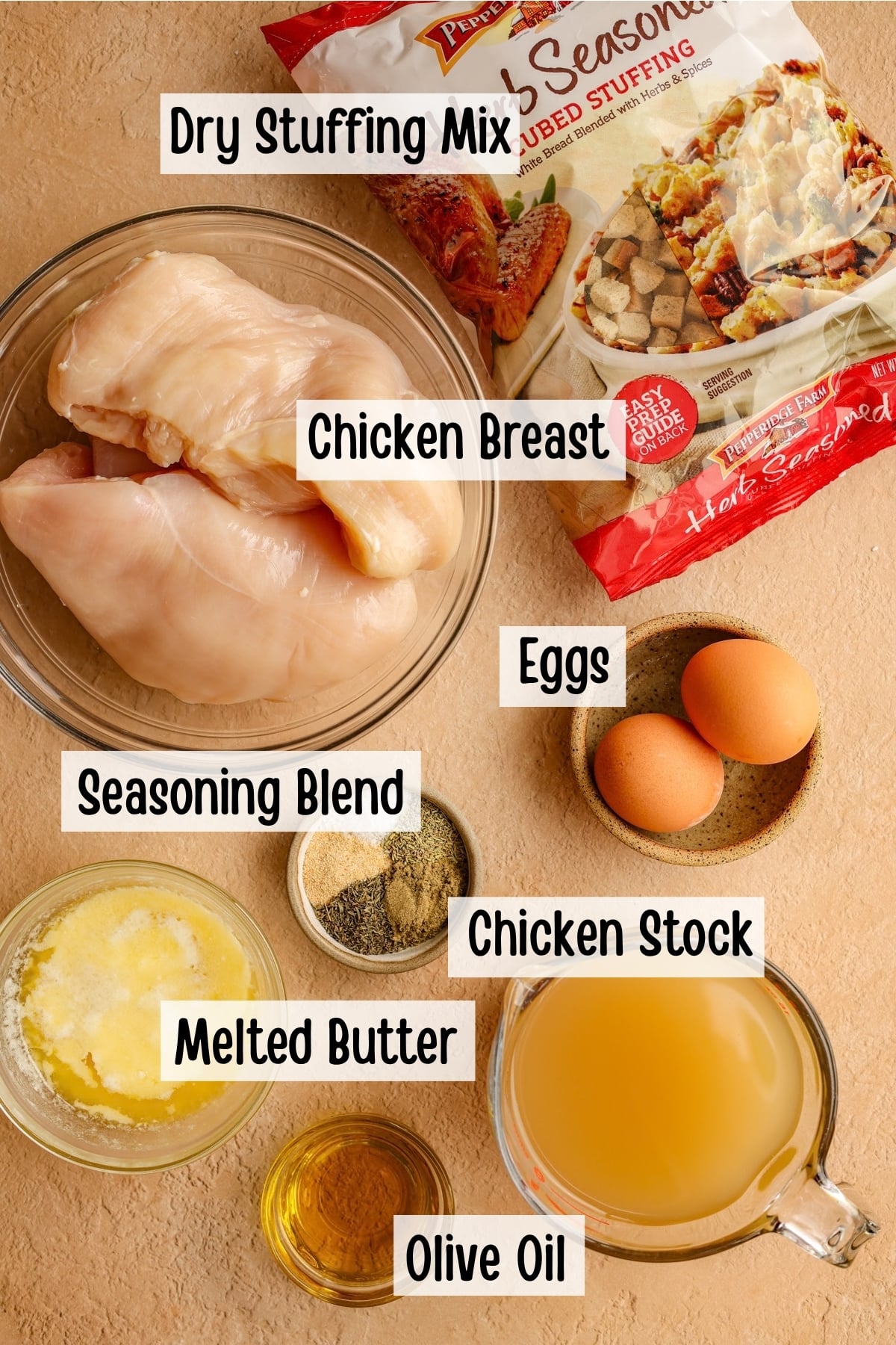 Ingredients needed to make a baked chicken and stuffing casserole.