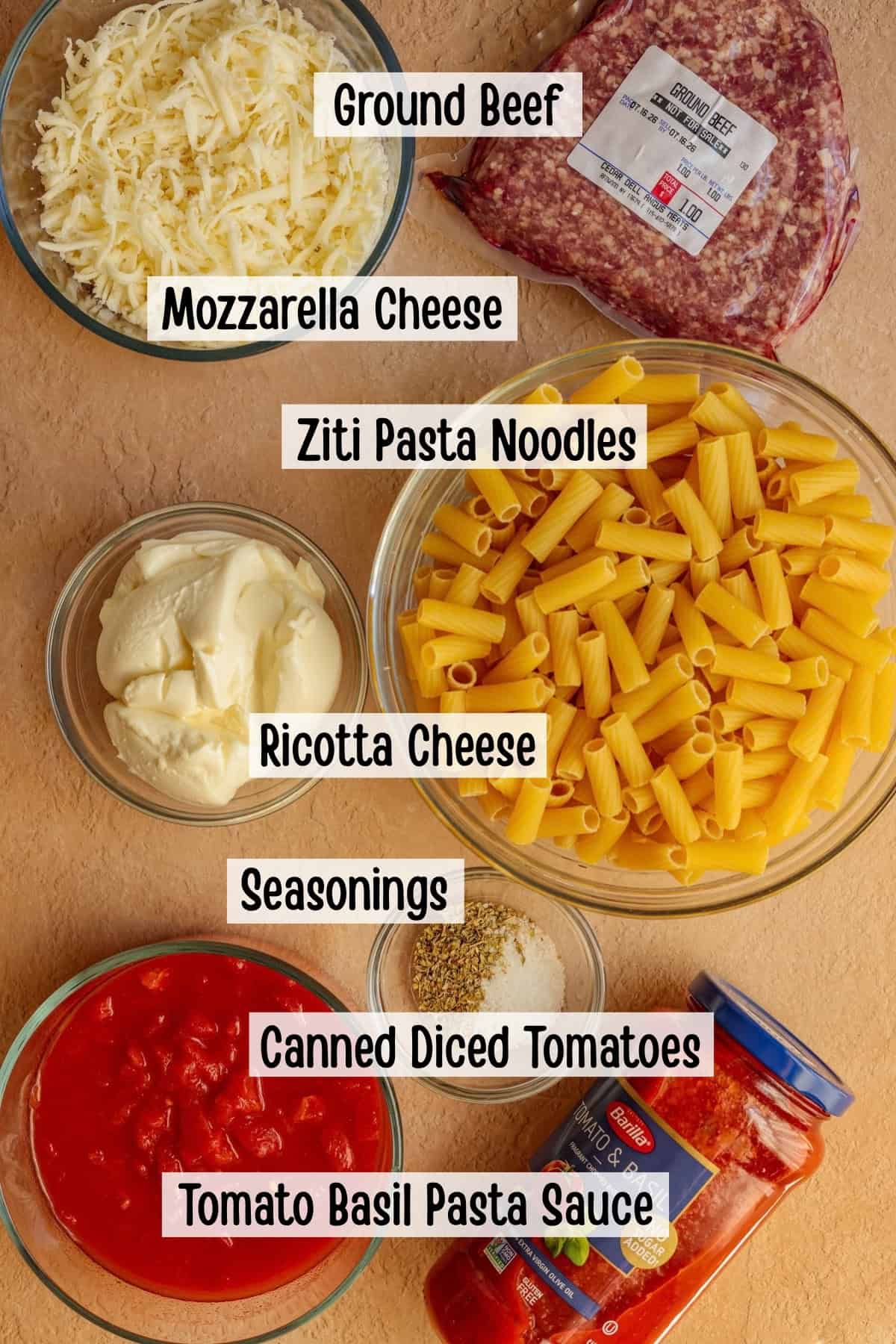 Ingredients needed to make an easy ziti recipe.