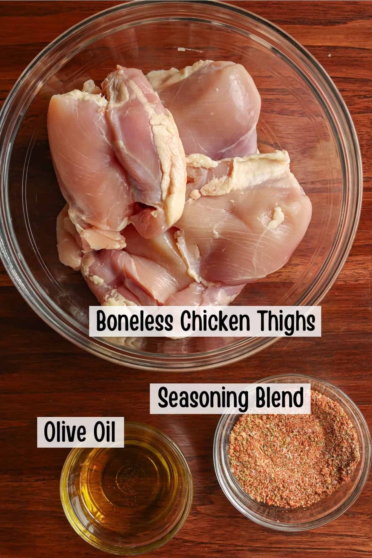 Ingredients needed to make boneless chicken thighs in the air fryer.